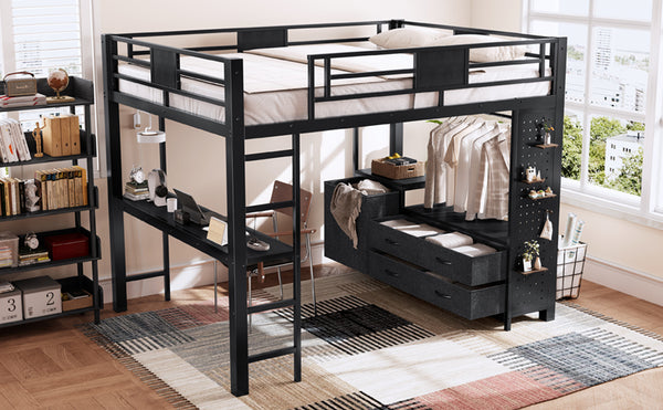 English Elm Queen Bunk Bed with Trundle Solid Pine Kids Car Themed Frame Built-in Bookshelf W1580S00440