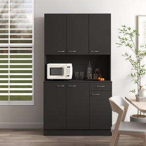 English Elm 70.87" Wardrobe Kitchen Cabinet with 6 Doors, 1 Drawer & Open Shelf — Durable Melamine MDF Storage Solution Black W331S00059