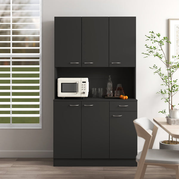 English Elm 70.87" Wardrobe Kitchen Cabinet with 6 Doors, 1 Drawer & Open Shelf — Durable Melamine MDF Storage Solution Black W331S00059