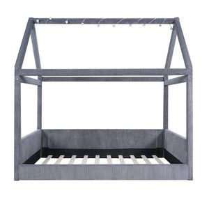 English Elm Full Size Upholstered House Daybed With Led Light Strips, Cozy Grey Corduroy For Stylish Spaces N7500001335E