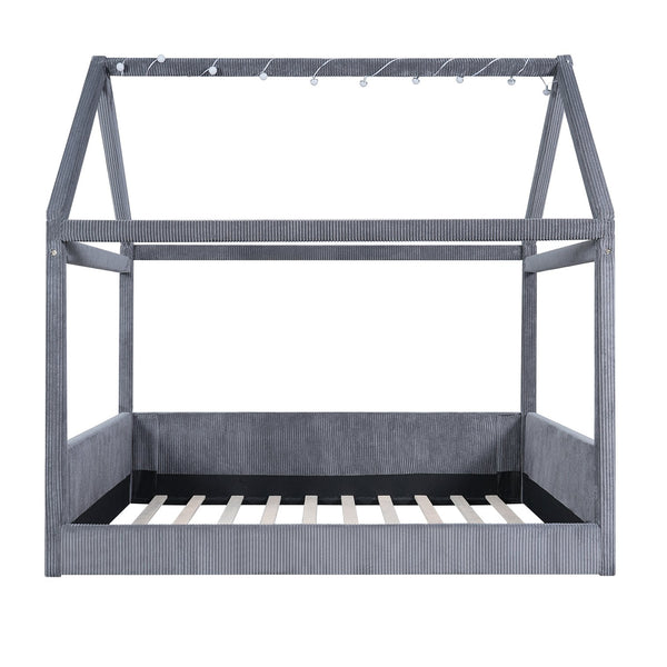 English Elm Full Size Upholstered House Daybed With Led Light Strips, Cozy Grey Corduroy For Stylish Spaces N7500001335E