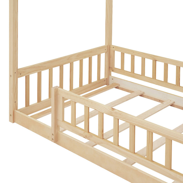 English Elm Twin Solid Pine House Bed Playhouse Frame with Fence Rail for Kids Rooms WF302176AAN