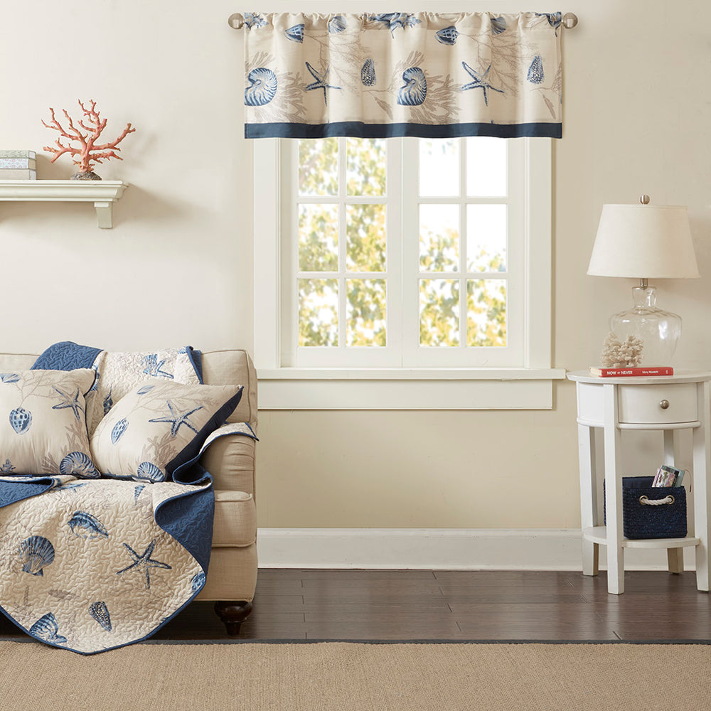 JLA Home Madison Park - Printed Coastal Cotton Valance with Seashell & Coral Print, Navy Trim, Rod-Pocket, Breathable Texture MP41-3764