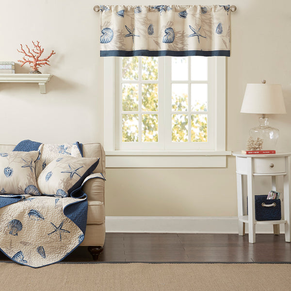 JLA Home Madison Park - Printed Coastal Cotton Valance with Seashell & Coral Print, Navy Trim, Rod-Pocket, Breathable Texture MP41-3764