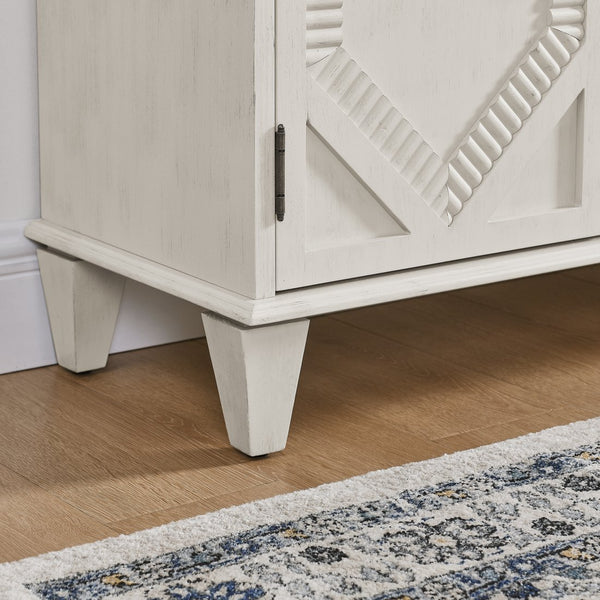 English Elm 65.2" Mid Century Sideboard Buffet with Fluted Geometric Doors, Spacious Adjustable Shelves & Brass Accents Antique White W1801P346230