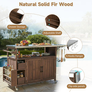 English Elm 54.33" Farmhouse Outdoor Kitchen Cart Solid Fir Frame Steel Top Storage Bbq Prep Brown N767P379702D