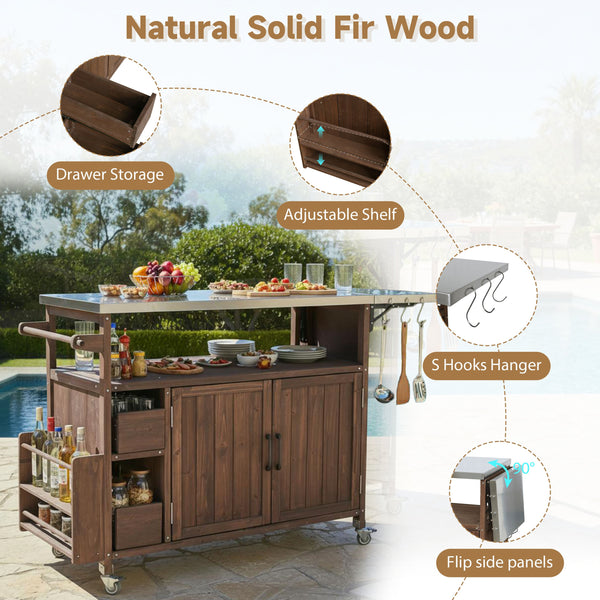 English Elm 54.33" Farmhouse Outdoor Kitchen Cart Solid Fir Frame Steel Top Storage Bbq Prep Brown N767P379702D