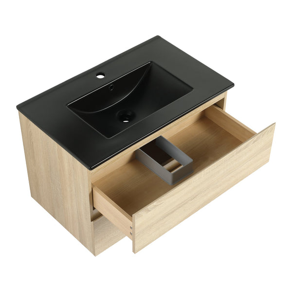 English Elm 30" Wall-Mounted Bathroom Vanity With Black Sink, Soft-Close Drawers, Modern Space-Saving Design W999S00194