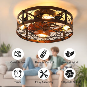 English Elm Caged 20" Flush Mount Ceiling Fan with Light, Matte Black Farmhouse Cage, 7-Blade Remote, Reversible W2312P374759