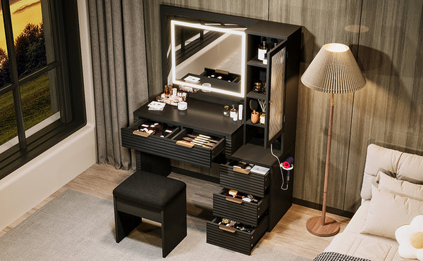 English Elm 43.5" Fluted Black Makeup Vanity with Lighted Mirror Charging Station and Storage Stool N704P340248B
