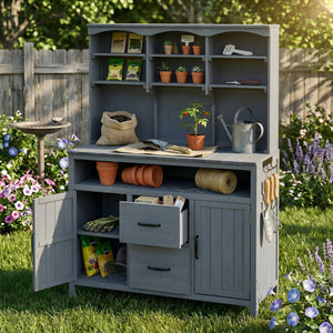 English Elm (with Hutch) Topmax Solid Fir Outdoor Potting Bench Station Cabinets Drawers Patio Garden Gray N717P404332E