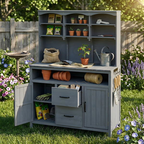 English Elm (with Hutch) Topmax Solid Fir Outdoor Potting Bench Station Cabinets Drawers Patio Garden Gray N717P404332E
