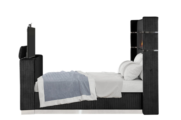 English Elm Lavish King Bed With Fireplace Headboard & Tv Stand Footboard - Modern Black Upholstered Design B009S01412