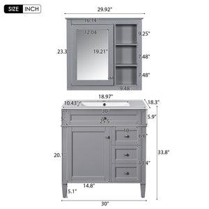 English Elm 30'' Modern Bathroom Vanity Set With Mirror, Stylish Freestanding Cabinet, Ample Storage & Sink SW000127AAE-1