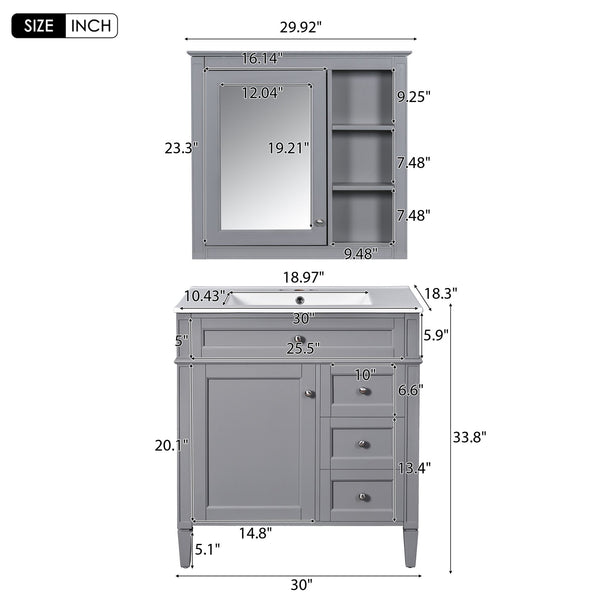 English Elm 30'' Modern Bathroom Vanity Set With Mirror, Stylish Freestanding Cabinet, Ample Storage & Sink SW000127AAE-1