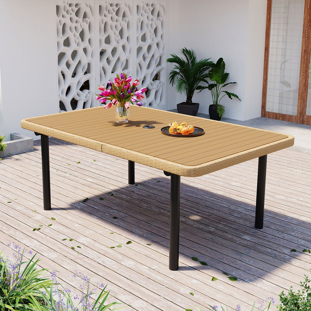 English Elm 59" Outdoor Patio Dining Table - Durable Polywood Top, Iron Legs & Umbrella Hole For Ultimate Comfort N704P250741E