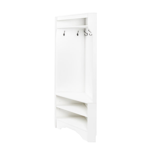 English Elm Minimalist White Corner Hall Tree with Bench Shoe Storage and Four Entryway Hooks N721P401788K