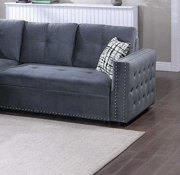 English Elm Gray Velvet Convertible Sectional Sofa with Pull-Out Bed, Reversible Storage Chaise, Tufted Elegance B011S01024