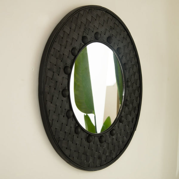 English Elm 24'' Solana Mirror - Handcrafted Bamboo & Hemp Wall Mirror with Radiant Sunburst Diamond Motif for Elegant Rooms Black,Silver W2615P346489