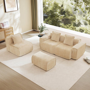 English Elm Streamlined Velvet L-shaped Sectional Sofa with Ottoman and Cloud Cushion Living Room Light Camel W3041S00352