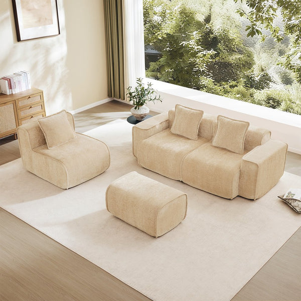 English Elm Streamlined Velvet L-shaped Sectional Sofa with Ottoman and Cloud Cushion Living Room Light Camel W3041S00352