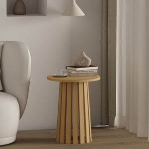 English Elm Layla Round End Table with Slatted Conical Base, Wood Grain Finish, Compact Surface for Decor Light Oak B365P398079