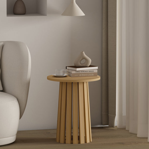 English Elm Layla Round End Table with Slatted Conical Base, Wood Grain Finish, Compact Surface for Decor Light Oak B365P398079