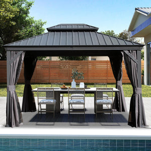 English Elm 13x13ft Hardtop Gazebo Galvanized Steel Vented Double Roof with Curtains Netting Patio Gray W1859S00199