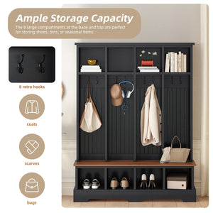 English Elm Farmhouse Hall Tree with Triple Arch Back Panel Eight Hooks Drawers and Entryway Bench Black N721S000075B
