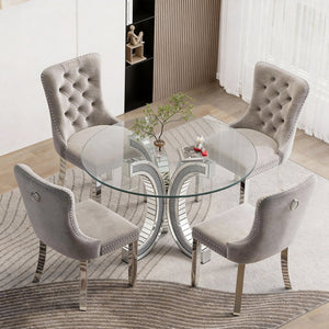 English Elm Dining Table Round Tempered Glass Top Mirrored Crushed Diamond Pedestal Glam Luxury W3836S00002