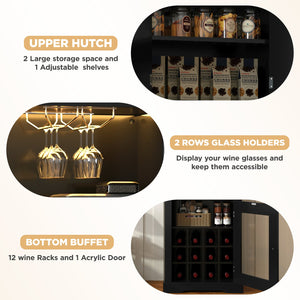 English Elm Bar Cabinet Farmhouse 69 Inch with Rgb Led Barn Door Wine Rack and Charging Station Black N728P438603B