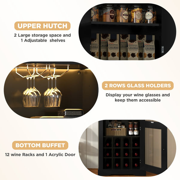English Elm Bar Cabinet Farmhouse 69 Inch with Rgb Led Barn Door Wine Rack and Charging Station Black N728P438603B