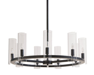 Sunpan CLARABELLE Chandelier - Elegant Black Metal Wheel Design with Clear Glass Shades for Warm Glow 107927
