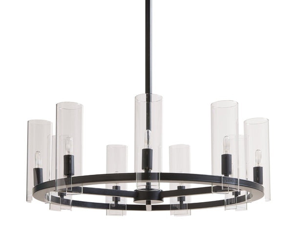 Sunpan CLARABELLE Chandelier - Elegant Black Metal Wheel Design with Clear Glass Shades for Warm Glow 107927