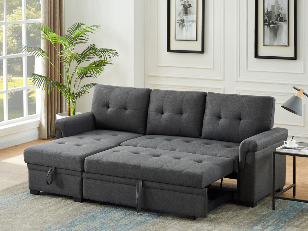 English Elm Jardin Linen Upholstered Sleeper Sectional with Reversible Chaise and Hidden Storage Dark Gray B2749S00172