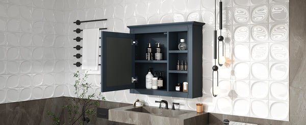 English Elm 30'' Modern Medicine Cabinet Wall Mirror with Hidden Storage and Adjustable Open Shelves for Bath Blue WF318452AAC