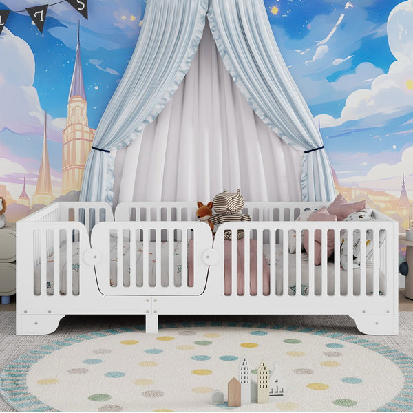English Elm Twin Montessori Floor Bed with Safety Rails Hinged Door and Plywood Slats for Kids White W2593P381112
