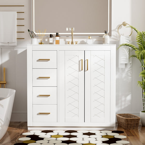 English Elm 36'' Bathroom Vanity with Ceramic Sink Combo, Solid Wood Frame, Soft-Close Drawers and Stylish Retro Groove Design White N710P291684K