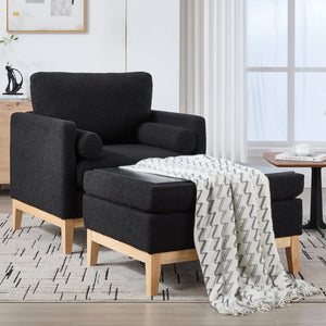 English Elm 35.4" Wide Farmhouse Accent Chair With Ottoman - Black Boucle Upholstery & Natural Wood Base Comfort W3118S00003