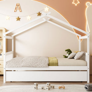 English Elm Full Size House Bed Solid Pinewood Frame with Pull Out Twin Trundle for Kids White LP000305AAK-1