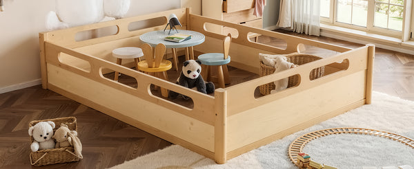 English Elm Queen Low Profile Floor Bed Pine Wood Frame Japandi Minimalist Bedroom Design Natural W1580P438796