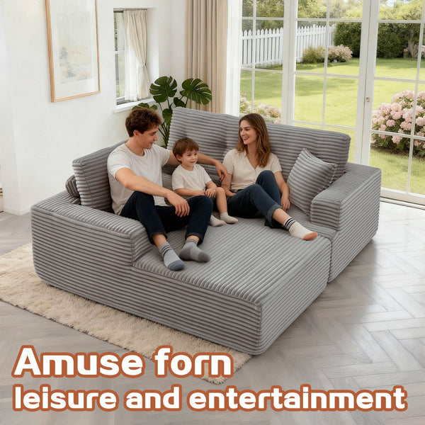 English Elm Right-Facing Chaise modular sectional sofa with plush corduroy, boneless design, converts to bed Brown Gray W3565S00004