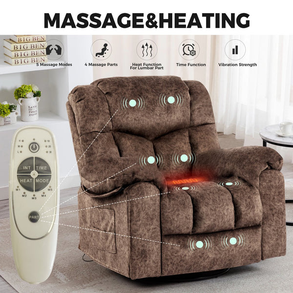 English Elm Swivel Recliner Chair with 8-Point Massage, Lumbar Heat, 360° Swivel, Rocking, USB & Cup Holders Brown W1403P172917