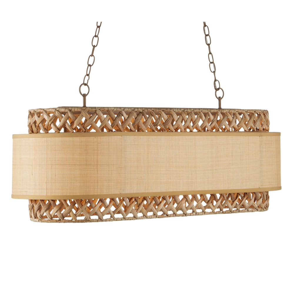 Isola Chandelier - Contemporary Khaki Wrought Iron Light with Natural Water Hyacinth & Grasscloth