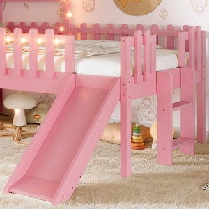 English Elm Twin Playhouse Loft Bed Solid Pine Frame with Slide Led Lights and Star Roof Pink W5316S00003