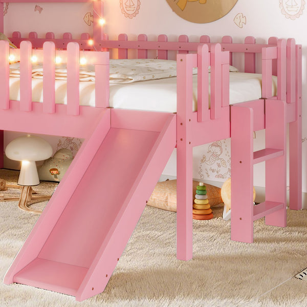 English Elm Twin Playhouse Loft Bed Solid Pine Frame with Slide Led Lights and Star Roof Pink W5316S00003