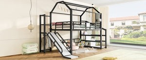 English Elm Full Full House Loft bed with Slide and Stairs, Metal House Play Loft with Storage Shelves and Quiet Design Black W1580S00350