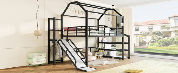 English Elm Full Full House Loft bed with Slide and Stairs, Metal House Play Loft with Storage Shelves and Quiet Design Black W1580S00350