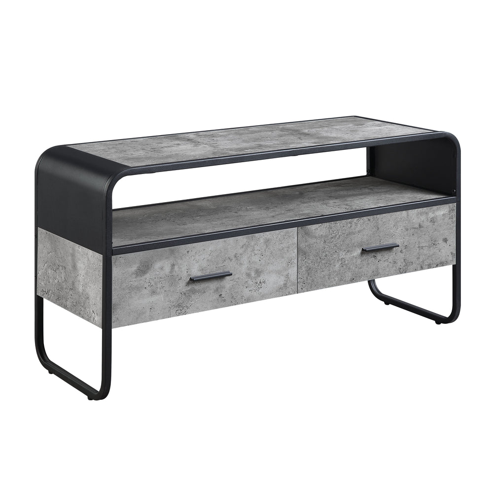 English Elm Raziela Modern Concrete Gray TV Stand with Black Metal Frame, Curved Edges, 42" Max, 2 Drawers Storage B2726P272968