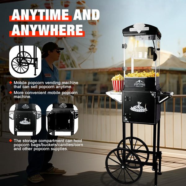 English Elm Popcorn Machine on Wheeled Cart with 10 Oz Kettle for Home Theater Game Room Black W2841P342118